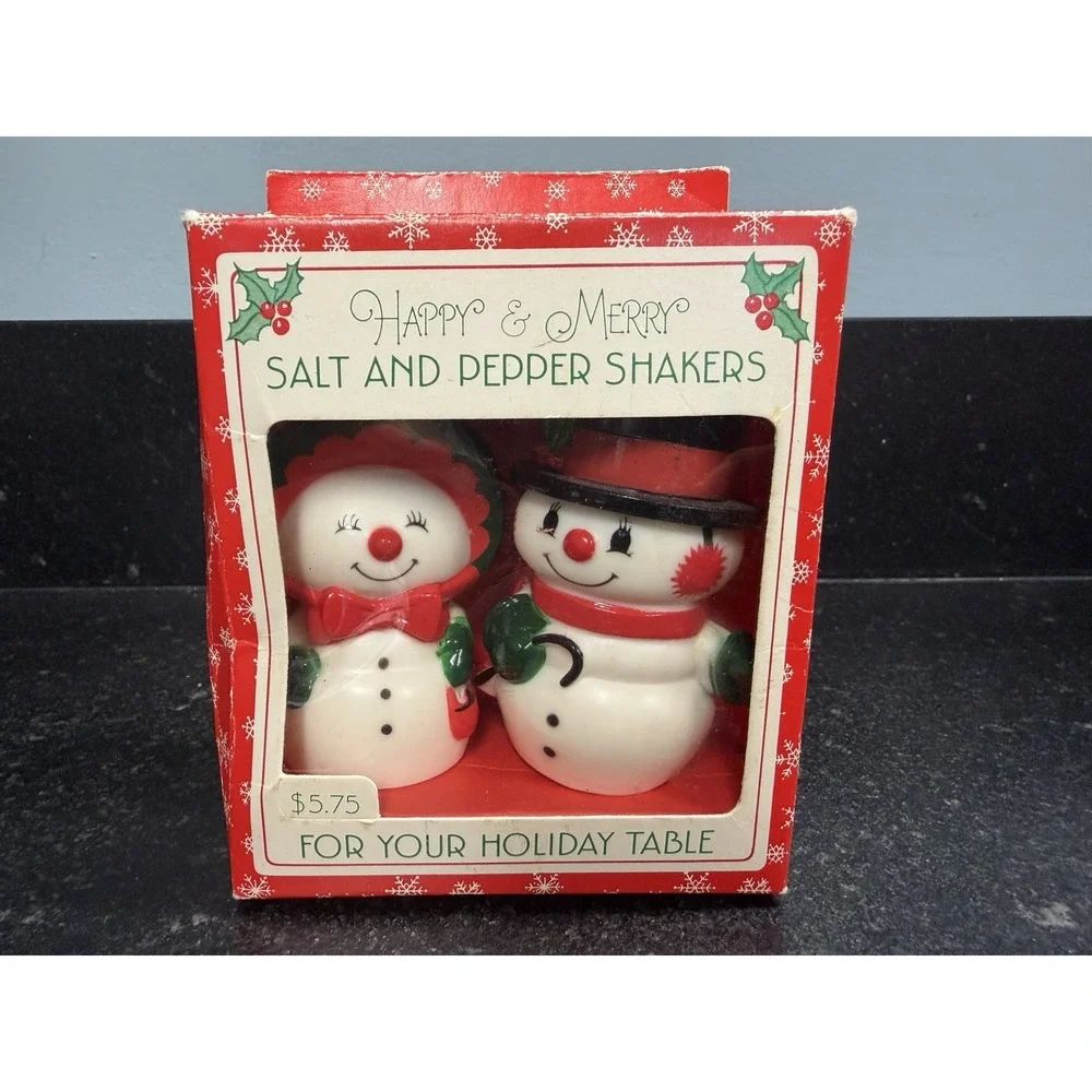 Hallmark Happy & Merry Snowman Salt Pepper Shakers NOS Original Box 3